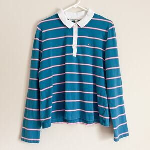 Vintage Tommy Hilfiger Rugby Polo Shirt Stripe Womens Preppy Sporty Top Size XXL